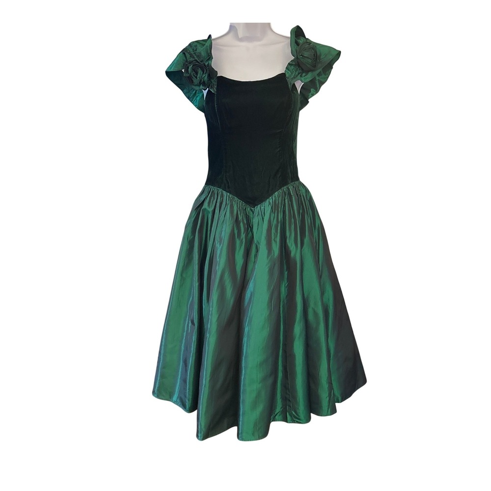 80s Gunne Sax Cocktail Dress Emerald Green Velvet Prom Goth Glam Dark Romance